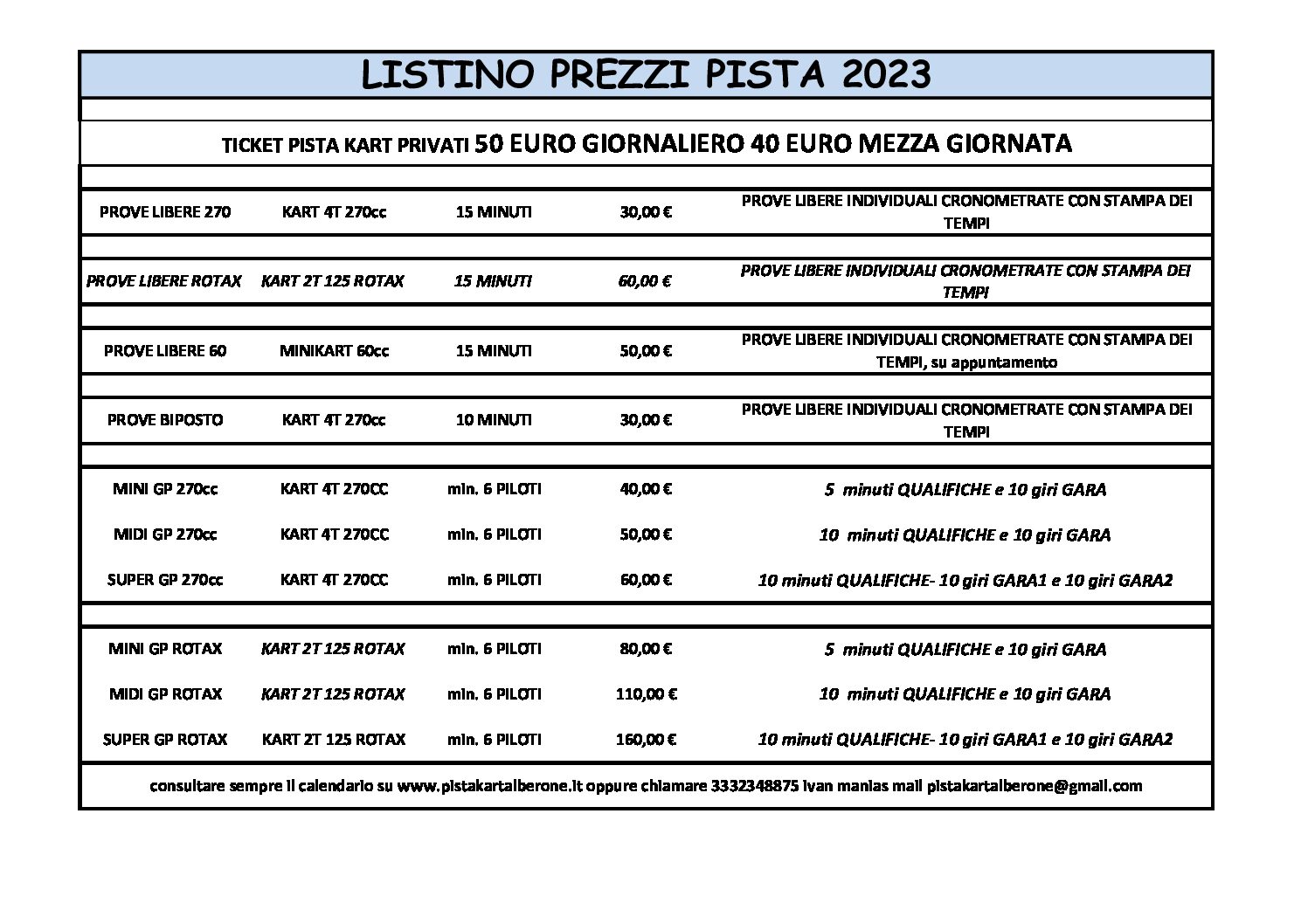 LISTINO PISTA 2023